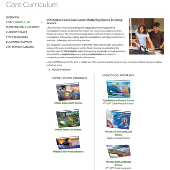 CPO Science Core Curriculum page on FreyScientific.com, pre-2023 version, on desktop
