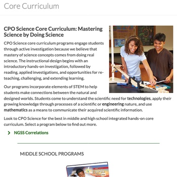 CPO Science Core Curriculum page on FreyScientific.com, pre-2023 version, on mobile