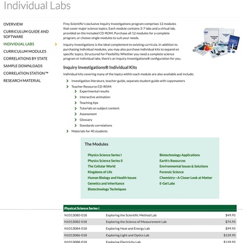 Inquiry Investigations labs page on FreyScientific.com, pre-2023 version